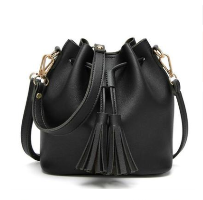 Color: Black - Vintage Fashion Small Women Leather Bucket Bag Handbag Tassel Drawstring Shoulder Bag