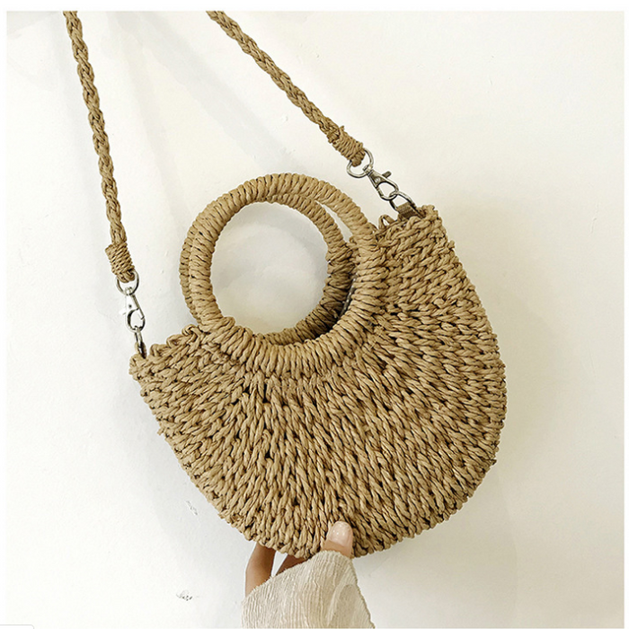 Color: Brown, style: Small - New Style Paper Rope Fashion All-Match Portable Messenger Small Round Bucket Hand-Woven Bag Straw Bag Female
