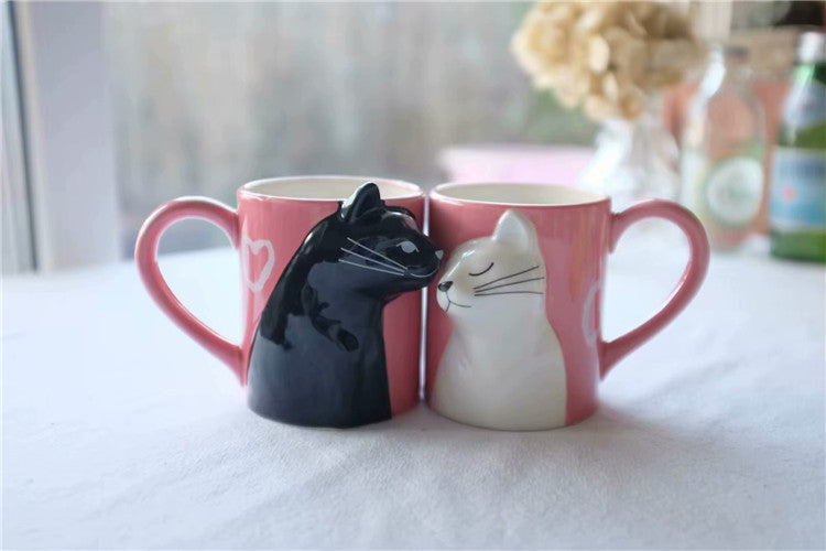 Color: Pink blue set - Kiss Cat Coffee Couple Handmade Mug