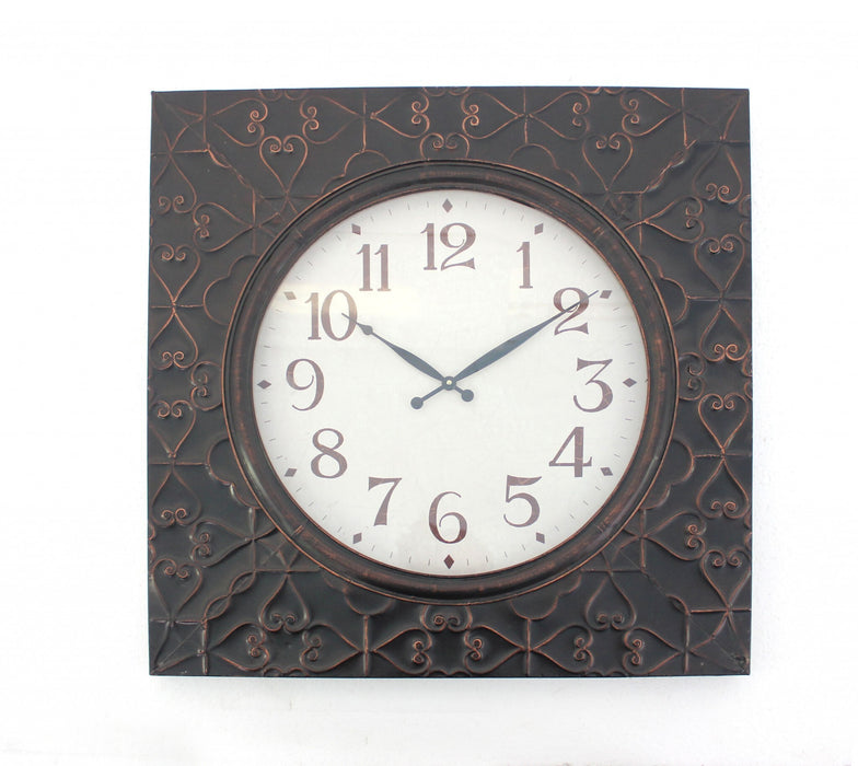 28" x 28" x 2" Brown Vintage Square Brass Metal  Wall Clock