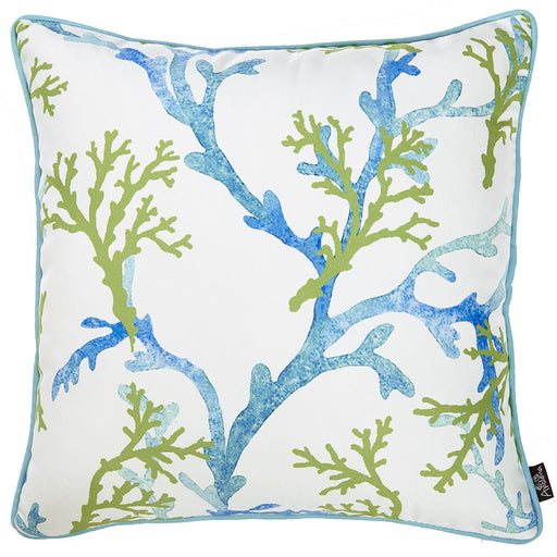 Square White Blue And Green Coral Decorative Throw Pillow Cover