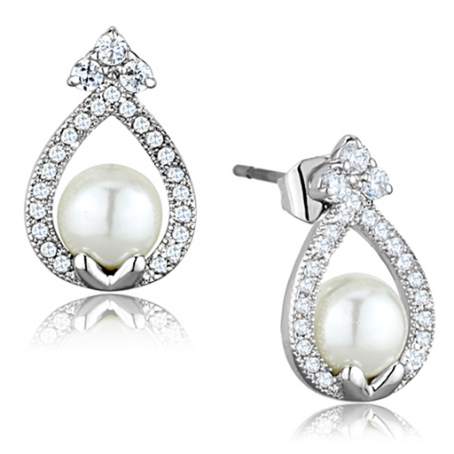 3W665 - Brass Earrings Rhodium Women Synthetic White