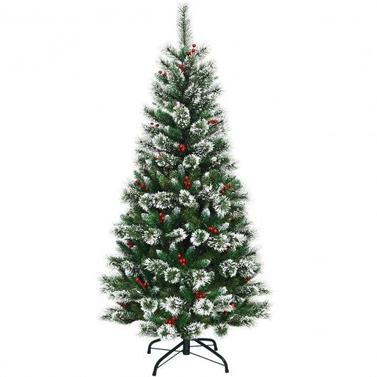 6 Feet Snow Flocked Artificial Christmas Hinged Tree with Red Berries