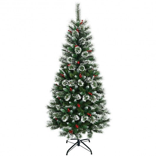 6 Feet Snow Flocked Artificial Christmas Hinged Tree with Red Berries