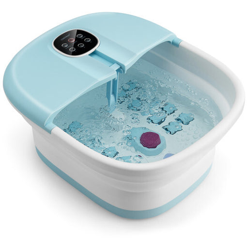 Folding Foot Spa Basin with Heat Bubble Roller Massage Temp and Time Set-Light Blue