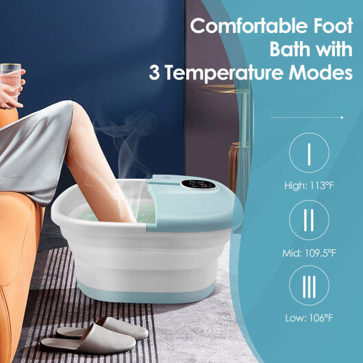 Folding Foot Spa Basin with Heat Bubble Roller Massage Temp and Time Set-Light Blue