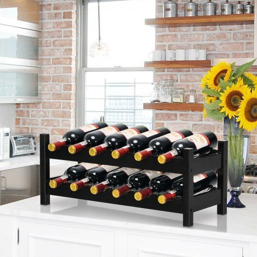 2-Tier 12 Bottles Bamboo Storage Shelf  Wine Rack-Brown