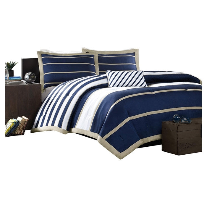 Full / Queen size Comforter Set in Navy Blue White Khaki Stripe