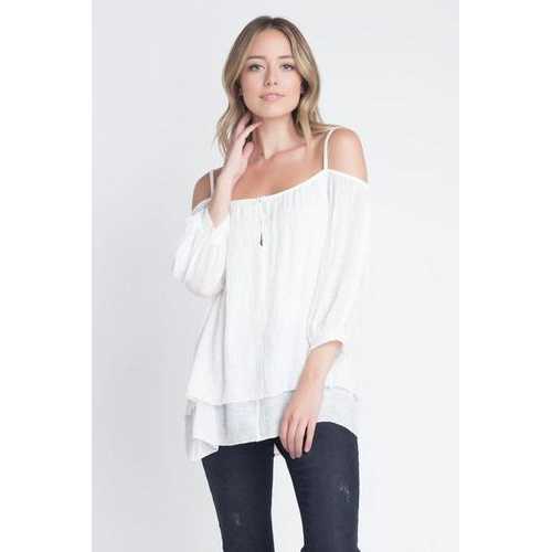 Women's 3/4 Sleeve Cold Shoulder Buttoned Top