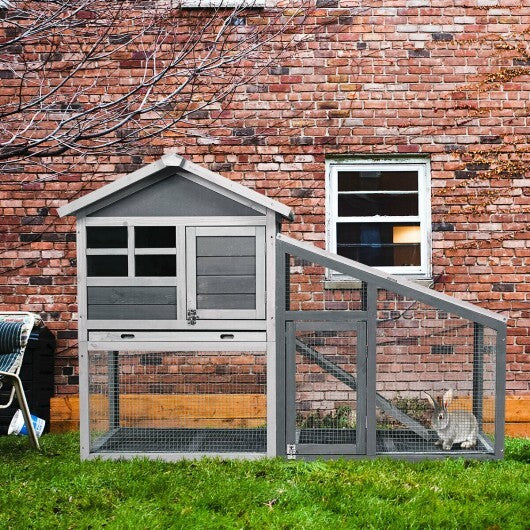 56.5 Inch Length Wooden Rabbit Hutch with Pull out Tray and Ramp - Color: Gray