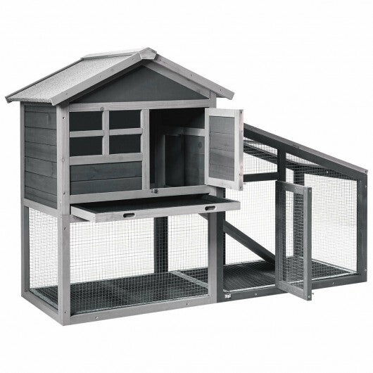 56.5 Inch Length Wooden Rabbit Hutch with Pull out Tray and Ramp - Color: Gray